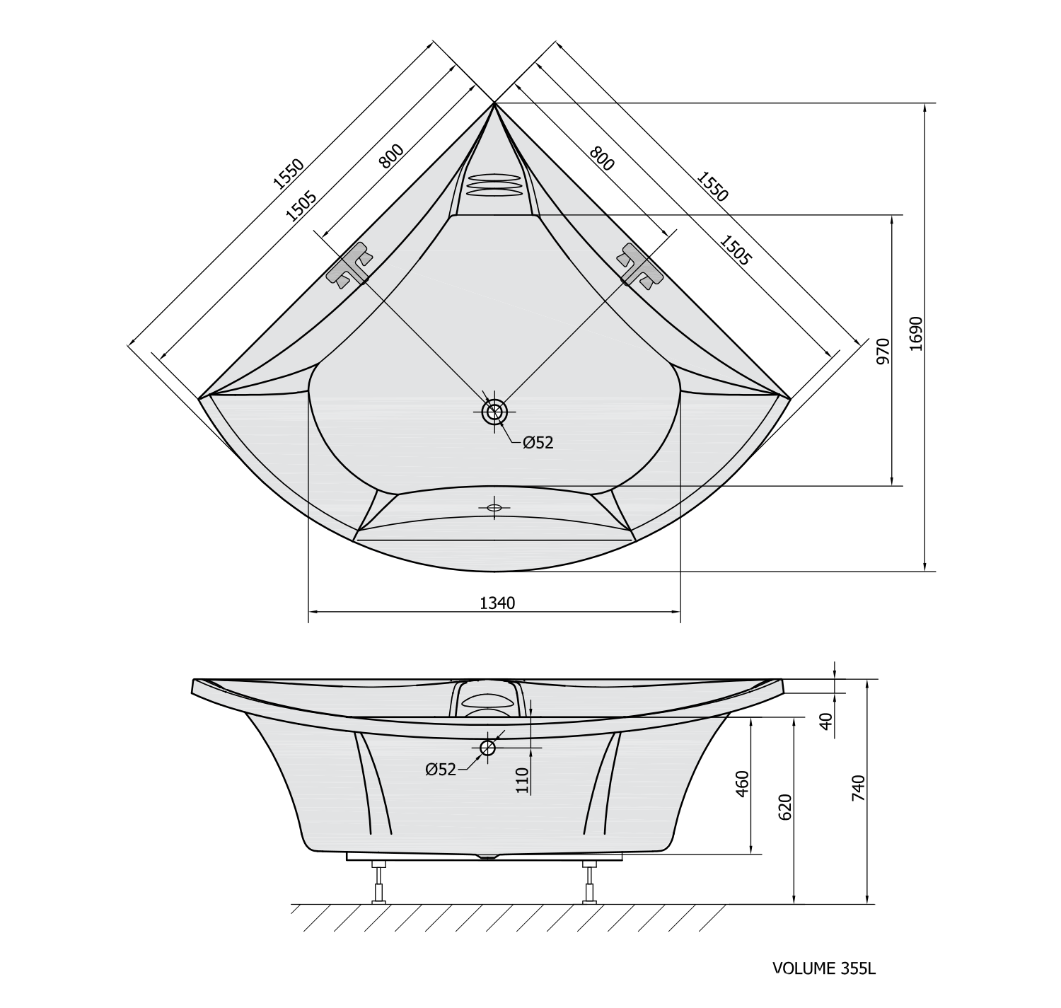 BERMUDA rohová vana s konstrukcí 155x155x47cm, bílá